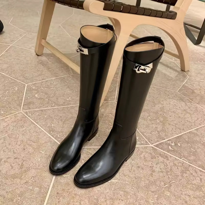 Bottes Plates Hautes Jusqu'aux Genoux à la Mode avec Fermeture Éclair Latérale