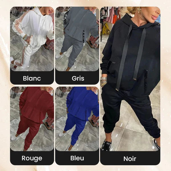 Ensemble 2 pièces de hauts à capuche avec cordon de serrage pour femmes ＆ pantalons